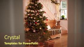  Presentation with christmas presents - Slide set with hallway of home decorated for christmas with tree and presents viewed through open door background and a tawny brown colored foreground