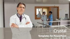  Presentation with healthcare workers - Audience pleasing slides consisting of hallway while crossing his arms backdrop and a gray colored foreground