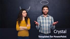  Presentation with devil angel - Amazing slide deck having halo - happy young couple playing roles backdrop and a wine colored foreground