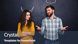  Presentation with devil angel - Colorful slide set enhanced with halo - smiling young man and woman backdrop and a ocean colored foreground