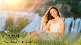  Presentation with beautiful nature - Amazing slides having halo - young woman sitting outdoors backdrop and a gold colored foreground