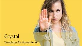  Presentation with young woman wearing boxer gloves - Presentation design enhanced with halt - beautiful young blonde woman wearing background and a yellow colored foreground
