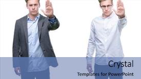  Presentation with hand palm - PPT theme having halt - young handsome blond business man background and a teal colored foreground