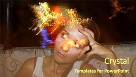  Presentation with thoughts - Theme enhanced with halusination - young woman having colorful hallucinogenic background and a tawny brown colored foreground