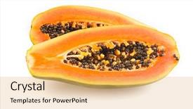  Presentation with fresh papaya - Slides enhanced with halved fresh papaya fruit isolated on white background background and a yellow colored foreground