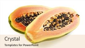  Presentation with fresh papaya - Theme with halved fresh papaya fruit isolated on white background background and a yellow colored foreground