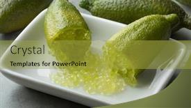  Presentation with finger - Audience pleasing presentation design consisting of raw green finger lime caviar backdrop and a gold colored foreground