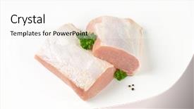  Presentation with tenderloin - Beautiful PPT layouts featuring halved raw pork tenderloin on white background backdrop and a white colored foreground