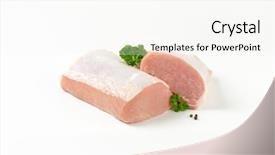  Presentation with tenderloin - Slide deck with halved raw pork tenderloin on white background background and a sky blue colored foreground