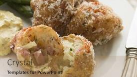  Presentation with asparagus - Beautiful presentation theme featuring ham-and-cheese-beignets backdrop and a coral colored foreground