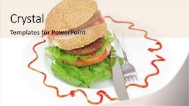  Presentation with white plate - Slide deck consisting of ham burger - big double hamburger on ceramic background and a coral colored foreground