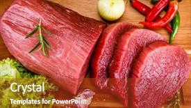  Presentation with flame nutrition beef steaks - Slide set featuring ham burger - fresh raw beef steaks background and a tawny brown colored foreground