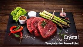  Presentation with steaks - Slide set with ham burger - fresh raw beef steaks background and a  colored foreground