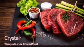  Presentation with flame nutrition beef steaks - Colorful presentation design enhanced with ham burger - fresh raw beef steaks backdrop and a  colored foreground