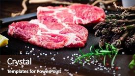  Presentation with steaks - Theme having ham burger - fresh raw beef steaks background and a tawny brown colored foreground
