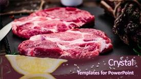  Presentation with flame nutrition beef steaks - Audience pleasing PPT layouts consisting of ham burger - fresh raw beef steaks backdrop and a tawny brown colored foreground