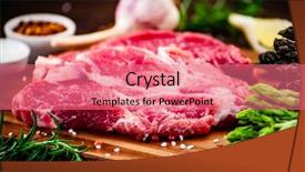  Presentation with flame nutrition beef steaks - Slide deck featuring ham burger - fresh raw beef steaks background and a coral colored foreground