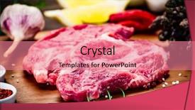  Presentation with flame nutrition beef steaks - Beautiful PPT layouts featuring ham burger - fresh raw beef steaks backdrop and a coral colored foreground