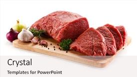  Presentation with flame nutrition beef steaks - PPT theme featuring ham burger - fresh raw beef steaks background and a  colored foreground