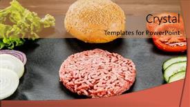  Presentation with stepping stone illustration of step - Cool new slide deck with ham burger - fresh raw steaks on black backdrop and a  colored foreground