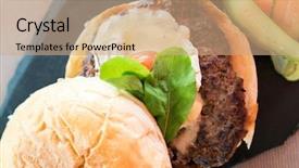  Presentation with fresh fruits and vegetables - Theme enhanced with ham burger - homemade overload beef hamburger background and a coral colored foreground