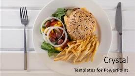  Presentation with french revoulution - Beautiful slide deck featuring ham burger - overhead of hamburger french fries backdrop and a coral colored foreground