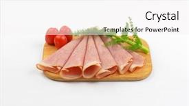  Presentation with cherry - Colorful slides enhanced with ham slices with dill an cherry tomatoes on wooden cutting board backdrop and a white colored foreground