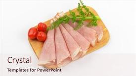  Presentation with cutting board - Colorful theme enhanced with ham slices with dill an cherry tomatoes on wooden cutting board backdrop and a lemonade colored foreground