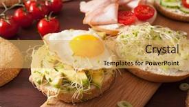  Presentation with fresh toast sandwiches egg - PPT layouts featuring ham tomato soft cheese alfalfa background and a  colored foreground