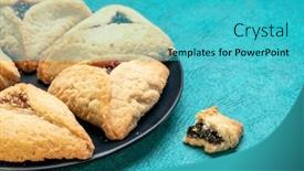  Presentation with black ceramic - Slide set consisting of hamantaschen-pastry-with-apricot-raspberry background and a teal colored foreground