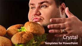  Presentation with container fast food packaging - Slide set consisting of hambergers - fat man eating fast food background and a tawny brown colored foreground