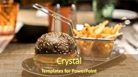  Presentation with container fast food packaging - Beautiful slide set featuring hambergers - hamberger with fries fast food backdrop and a tawny brown colored foreground