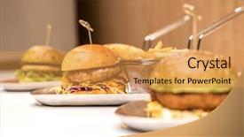  Presentation with container fast food packaging - Slide set having hambergers - hamberger with fries fast food background and a gold colored foreground