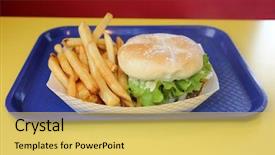  Presentation with burger fries - Audience pleasing PPT theme consisting of hambergers - hamburger and french fries lunch backdrop and a  colored foreground