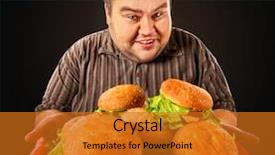  Presentation with fast food - Presentation design featuring hambergers - man eating fast food hamberger background and a gold colored foreground