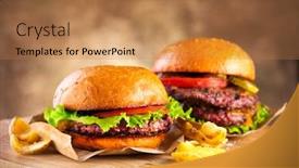  Presentation with french fries - Presentation theme featuring hamburger and double cheeseburger with fries rotated on wooden table background cheeseburgers on fresh buns with succulent beef and fresh salad ingredients served with french fries background and a coral colored foreground