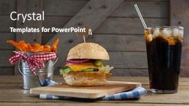  Presentation with cold drink - Cool new theme with hamburger french fries and cold drink on table against wooden background backdrop and a dark gray colored foreground