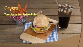  Presentation with cold drink - Audience pleasing PPT theme consisting of hamburger french fries and cold drink on table against wooden background backdrop and a tawny brown colored foreground