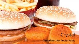  Presentation with nuggets - Beautiful presentation featuring hamburger french fries chicken nuggets and cola on a white background backdrop and a gold colored foreground