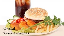  Presentation with nuggets - Cool new theme with hamburger french fries chicken nuggets cola and vegetables on a white background backdrop and a yellow colored foreground