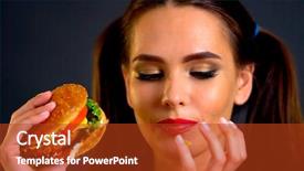  Presentation with fast food - PPT layouts featuring hamburger girl eat fast food background and a crimson colored foreground