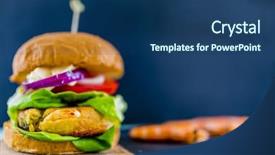  Presentation with burger - Slide deck consisting of hamburger sliders - shrimp burger with fresh vegetables background and a  colored foreground