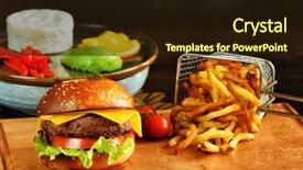  Presentation with french fries - Slide deck having hamburger whit meat lettuce tomato background and a wine colored foreground