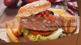  Presentation with french fries - PPT theme enhanced with hamburger with french fries garnished with tomato cucumber and onion background and a red colored foreground