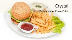  Presentation with sauces - Amazing slide deck having hamburger with fries and sauces on plate backdrop and a lemonade colored foreground