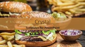  Presentation with french fries - Beautiful slide deck featuring hamburgers-and-french-fries backdrop and a gold colored foreground