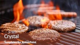  Presentation with grill - Cool new slide set with hamburgers and hot dogs cooking backdrop and a tawny brown colored foreground