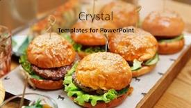  Presentation with catering - Amazing presentation design having hamburgers on wooden board catering restaurant table backdrop and a yellow colored foreground