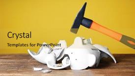  Presentation with piggy bank broken piggybank - Amazing slide set having hammer and broken piggy bank backdrop and a yellow colored foreground