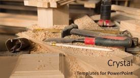  Presentation with chisel - Audience pleasing PPT layouts consisting of hammer and chisel on the bench in the carpentry workshop backdrop and a coral colored foreground